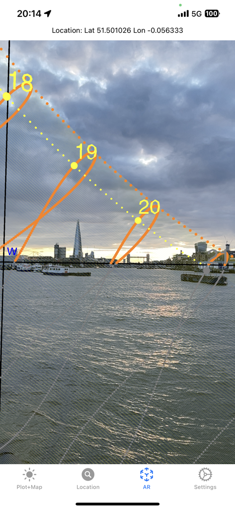 Sun Focus - Augmented reality view in the Sun Focus app showing the sun path and hourly markers over a city skyline and river