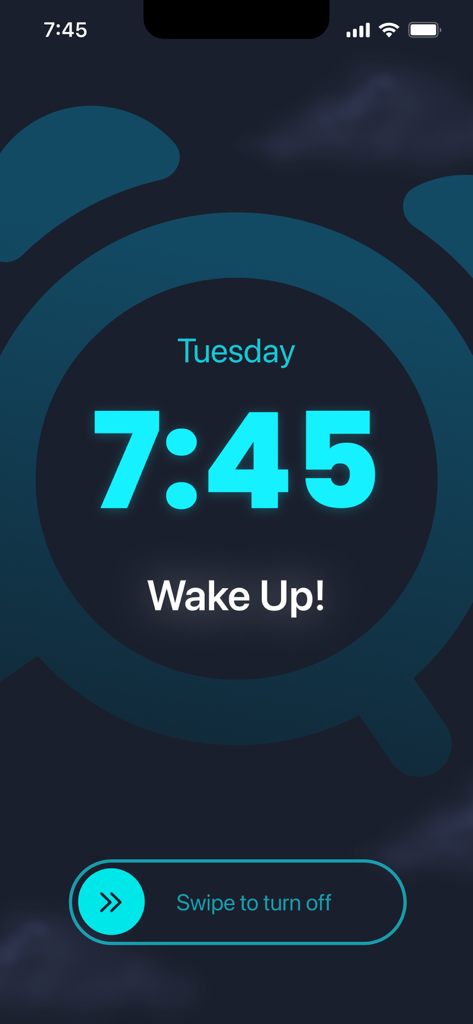 Digital alarm interface showing 7:45 AM and swipe to turn off button
