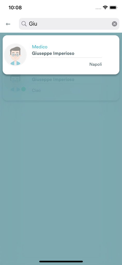 Esperto in Chat - Clienti - Pantalla de búsqueda de la aplicación móvil que muestra el perfil de un profesional médico para Giuseppe Imperioso.