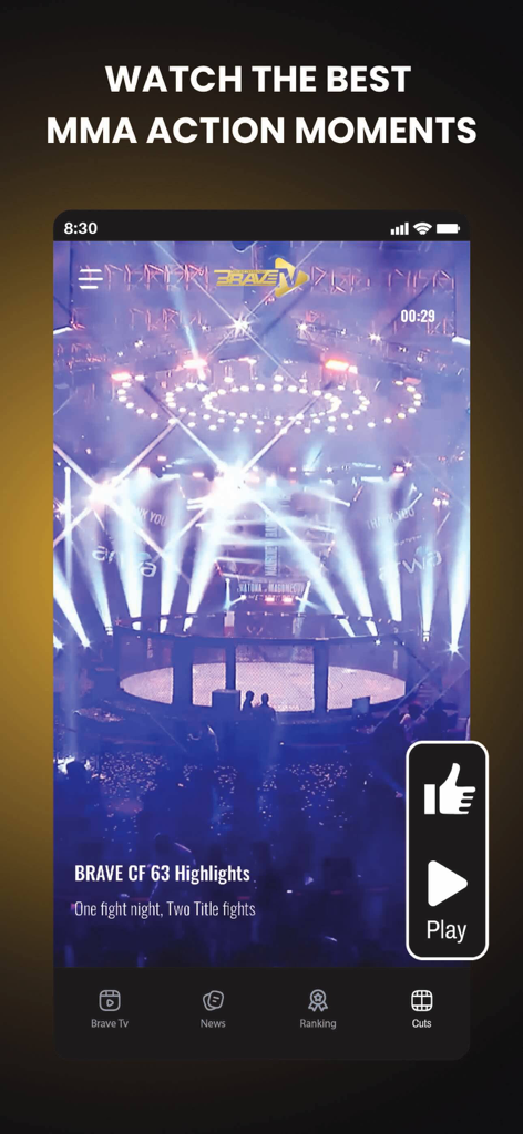 La aplicación móvil Brave TV mostrando momentos de acción y destacados de peleas de MMA con un botón de reproducción.