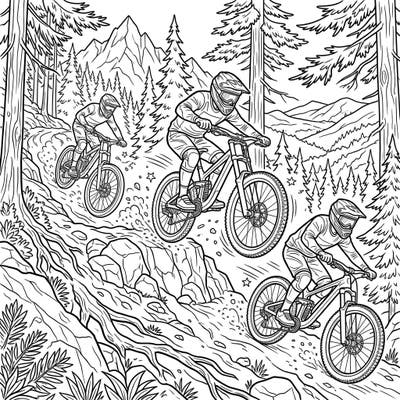 Feel the rush of extreme sports with this dynamic downhill mountain bikers coloring page. It captures the intense action of riders navigating rugged terrain, ready for your creative touch.