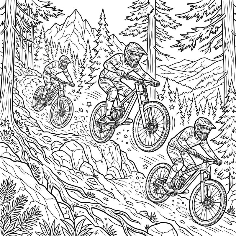 Feel the rush of extreme sports with this dynamic downhill mountain bikers coloring page. It captures the intense action of riders navigating rugged terrain, ready for your creative touch.