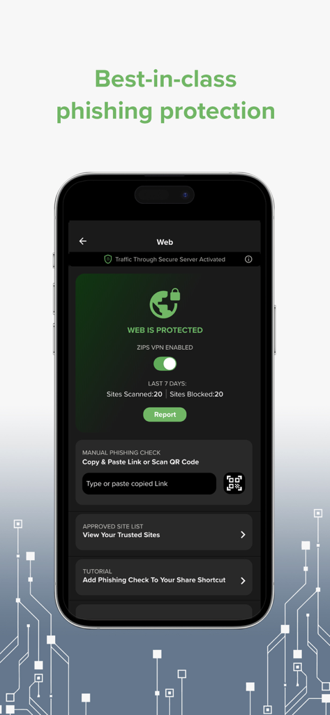 Zimperium MTD - Interfaz de la aplicación Zimperium MTD que muestra las funciones activas de seguridad web y protección contra el phishing