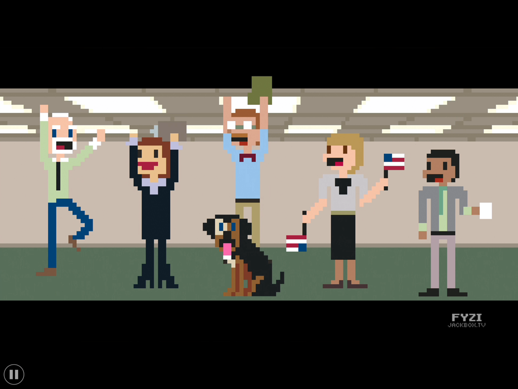 The Jackbox Party Pack 2 - Trabajadores de oficina y un perro en pixel art del juego Bomb Corp en The Jackbox Party Pack 2.