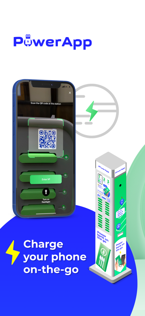 A smartphone scanning a QR code on a PowerApp charging station to rent a mobile power bank