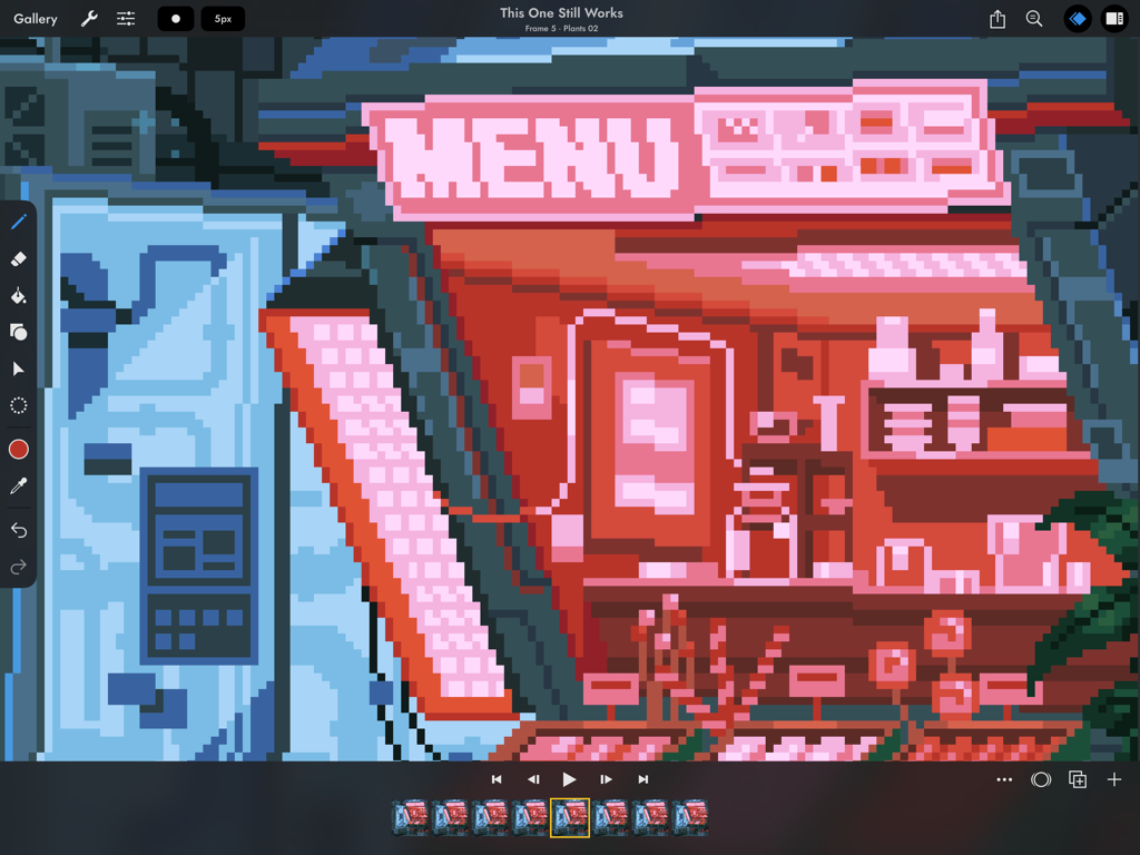 Editor de animaciones de pixel art en Pixaki 4 Intro mostrando una escena de escaparate retro en un iPad.