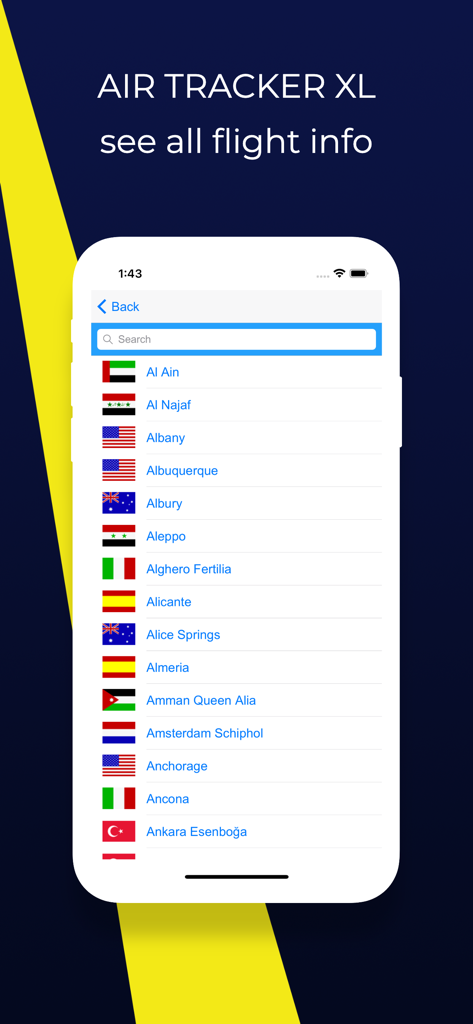 Air Tracker XL app interface showing a searchable list of global airports with country flags