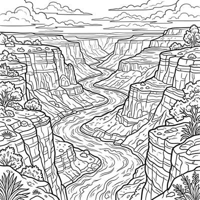 Immerse yourself in the grandeur of nature with this stunning river canyon coloring page. Featuring intricate rock formations and a winding river, it offers a breathtaking scene ready for your creative touch.