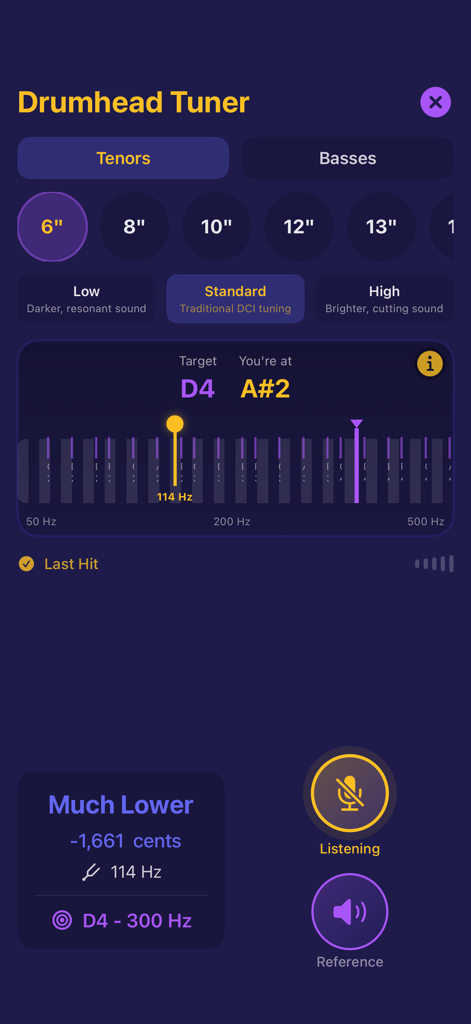 Drumline - Drumhead tuner interface in the Drumline app showing tenor drum pitch detection and tuning metrics