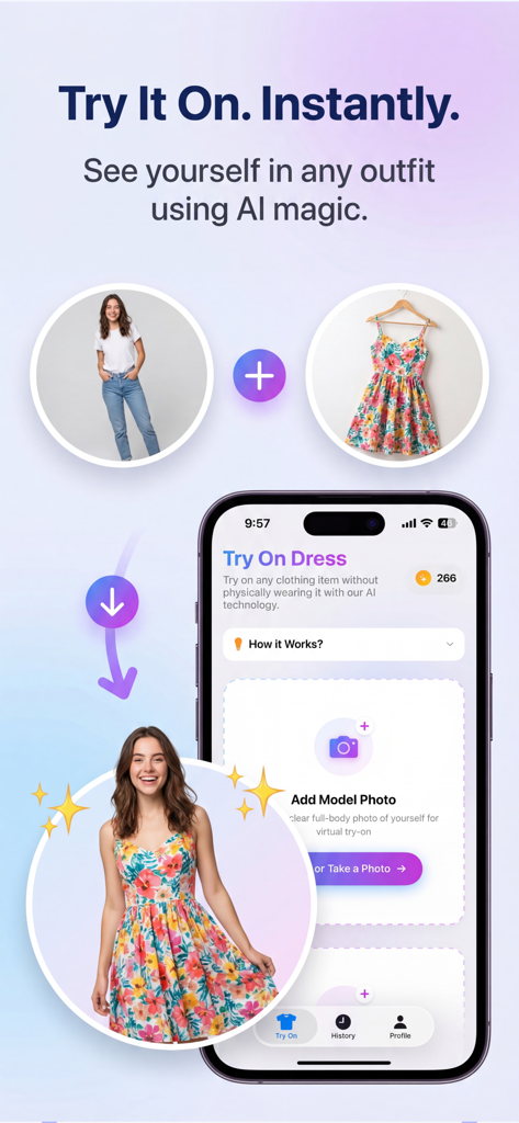 Try On: AI Clothes Changer - A woman using the Try On AI Clothes Changer app to virtually swap her outfit for a floral dress