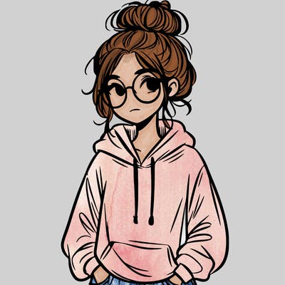 teen girl with a messy bun and glasses wearing a loose hoodie and jeans