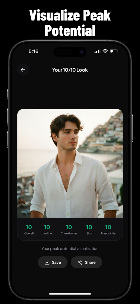 Potential AI app screen displaying an AI generated 10 out of 10 facial visualization with perfect scores for jawline and masculinity
