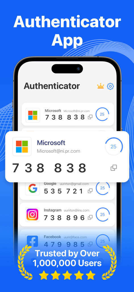 Authenticator App++ - Authenticator App-Oberfläche auf einem iPhone, die 2FA-Verifizierungscodes für Microsoft- und Google-Konten anzeigt