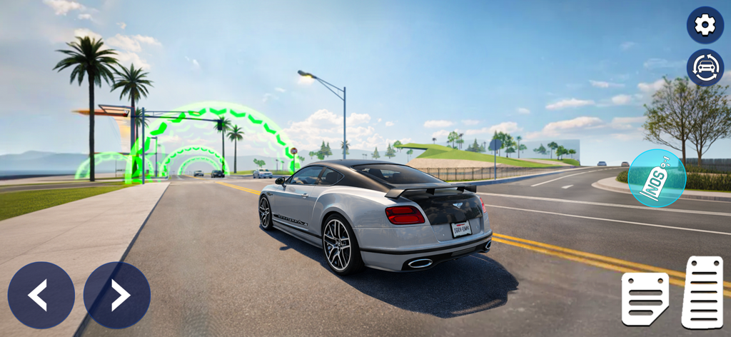Race Master Car Racing Games - Silver sports car driving through glowing green arches on a coastal road in Race Master Car Racing Games.