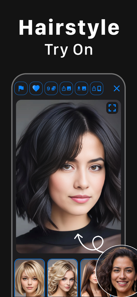 Una mujer usando la app Photo Face Swap IA para probar un corte de pelo bob corto y oscuro