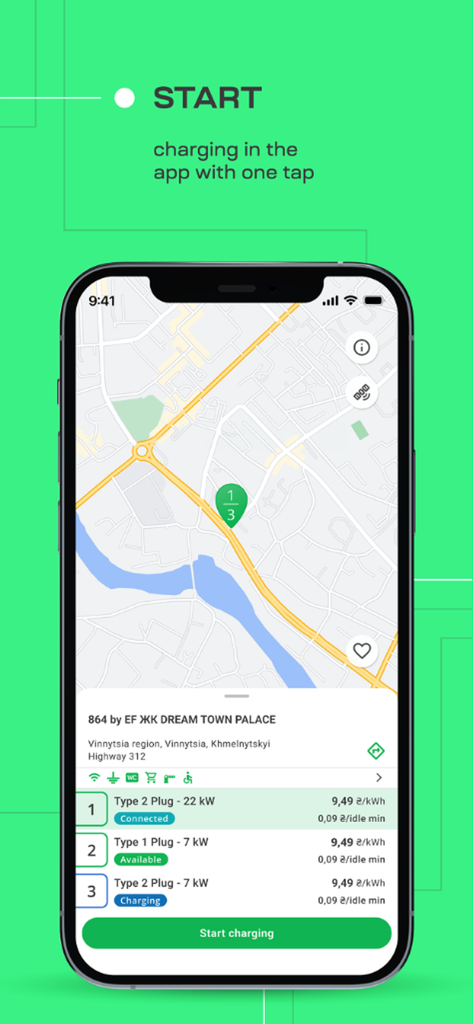 ECOFACTOR EV Charging - Smartphone screen showing a map and a start charging button for electric vehicles in the ECOFACTOR app.