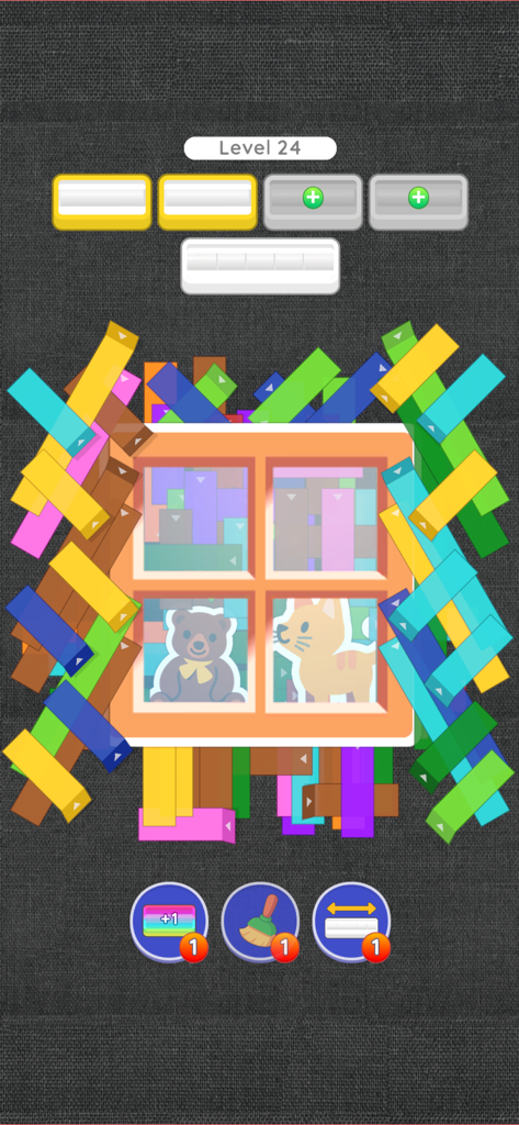 Untape - Colorful layered tapes on a window with a bear and cat in the Untape mobile game
