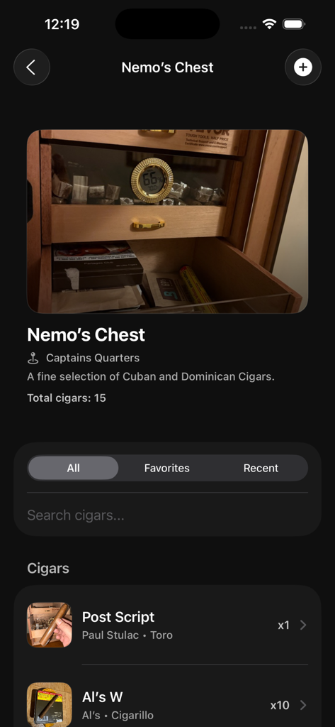 Schermata di gestione dell'inventario dei sigari nell'app Humidor Companion.