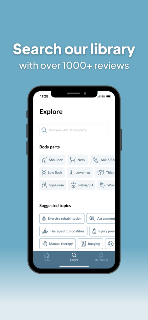 Physio Network - Interfaz de búsqueda de la aplicación Physio Network que muestra categorías para partes del cuerpo y temas de investigación en fisioterapia.