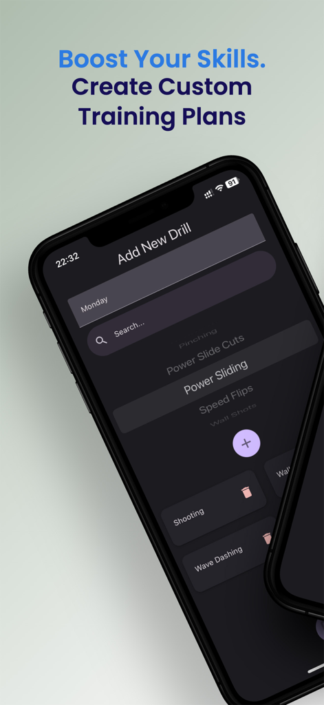 RocketTrainer - A mobile application interface for RocketTrainer showing the creation of custom training drills for Rocket League mechanics like speed flips and power sliding.