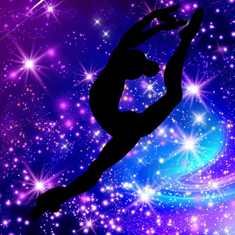 gymnast doing a leap in a leotard with a bent back leg