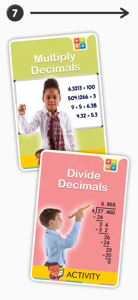 Educational cards for multiplying and dividing decimals in a 5th grade math learning app