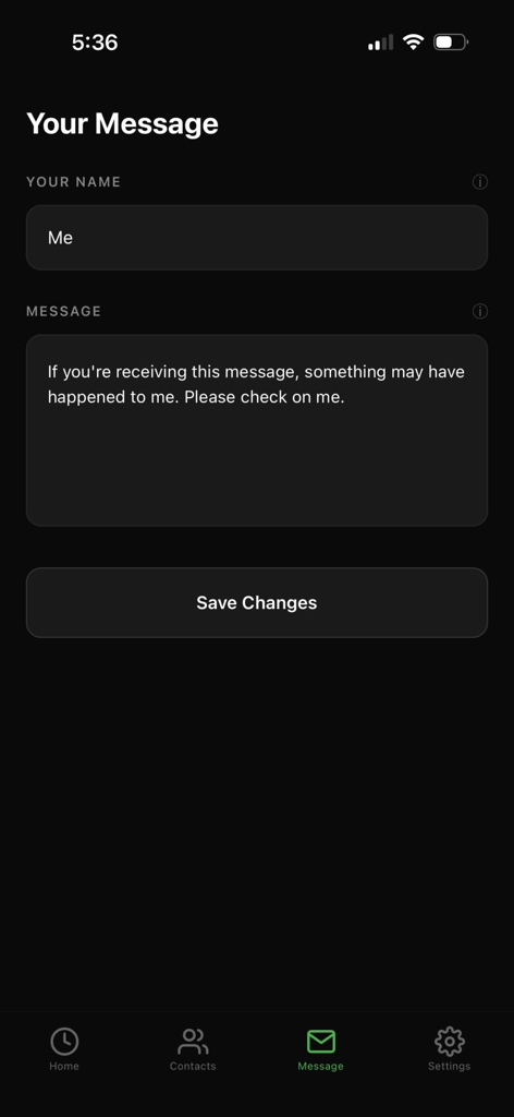 Interfaz para personalizar el mensaje de alerta de emergencia automatizado enviado a los contactos si no se realiza un registro.