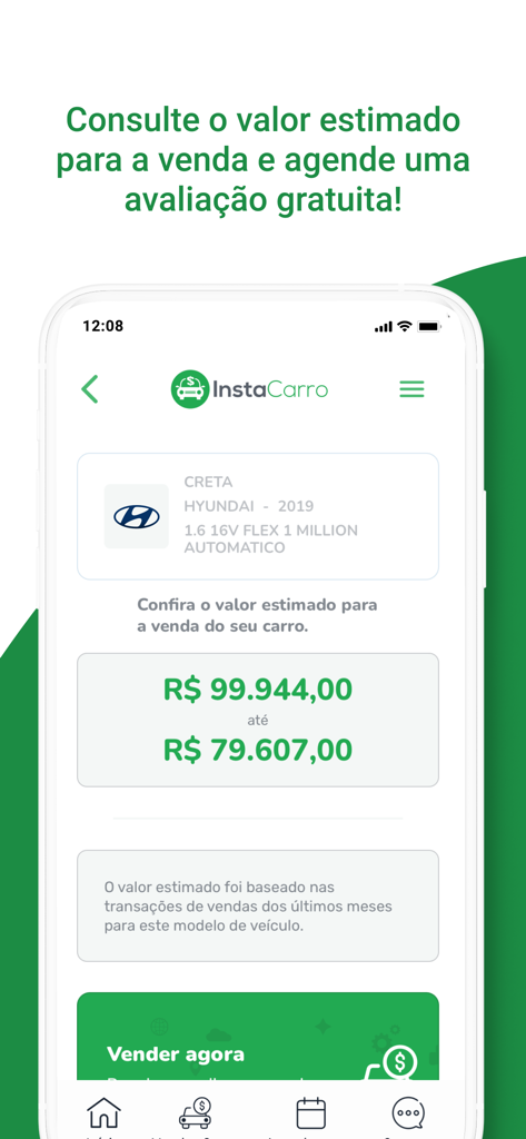 InstaCarro: Venda de Carros - Mobile app screen showing an estimated selling price range for a vehicle and a button to schedule an evaluation