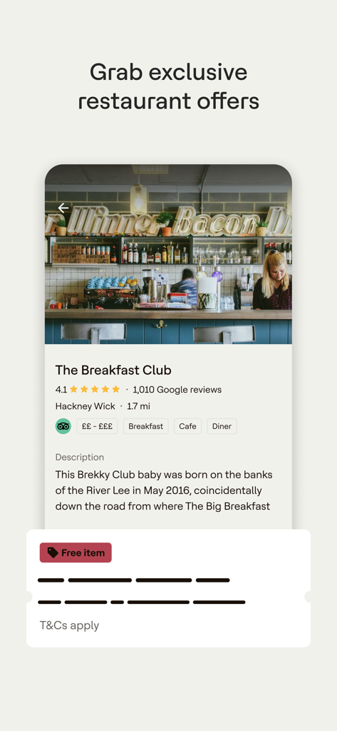 A restaurant profile on the Dojo app featuring The Breakfast Club with an exclusive free item offer and rating details.