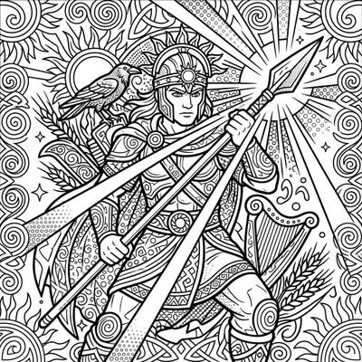 Dive into the vibrant world of Celtic mythology with this stunning coloring page featuring Lugh, the versatile god of light and harvest, rendered in a bold Pop Art style. Perfect for adult colorists, this intricate design offers a mindful escape into a world of dynamic patterns and ancient tales.