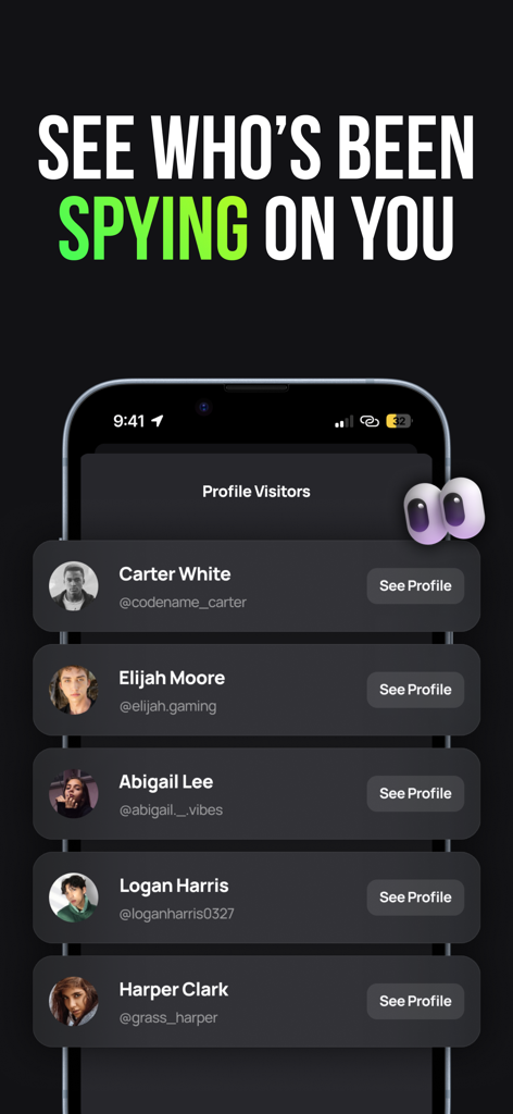 Peek: Secret Compliment - Screenshot of the Peek app showing a list of recent profile visitors with buttons to see their profiles