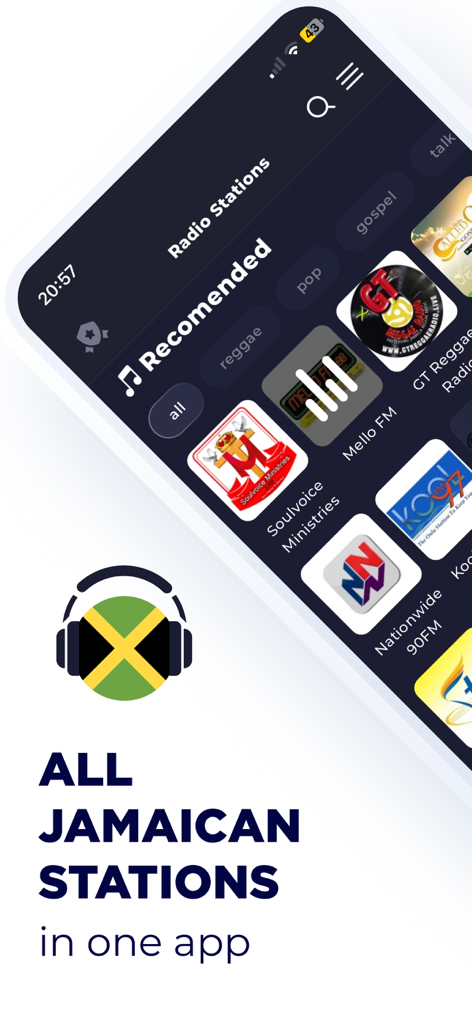 Jamaica Radio Live app interface showing recommended Jamaican radio stations and genre filters like reggae and gospel.
