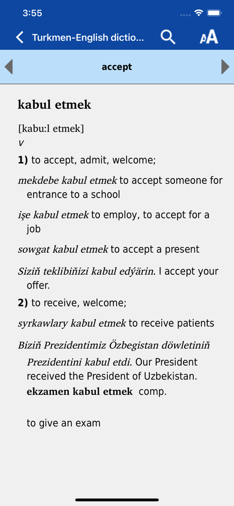 Entrada do dicionário para a frase turcomena kabul etmek com traduções em inglês e exemplos de uso