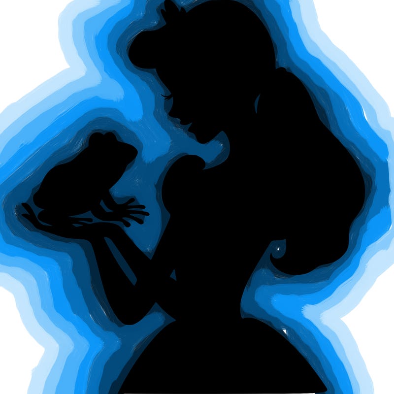 a shadow of a princess holding a frog realistic