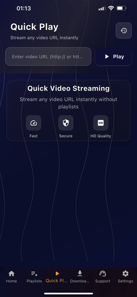 Pantalla de reproducción rápida de GSE IPTV Player con campo de entrada de URL de video.
