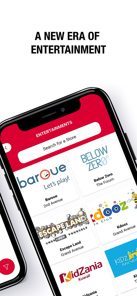 The Avenues - A smartphone screen displaying various entertainment brands like KidZania and Escape Land within The Avenues mall app.