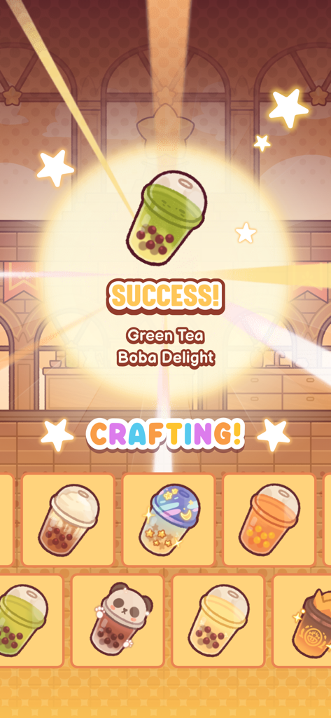 Screenshot of Boba Tale mobile game showing a successful green tea boba delight recipe discovery with a cute aesthetic.