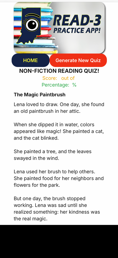 iRead-3 Practice App - Reading comprehension quiz interface in the iRead-3 Practice App for Indiana students