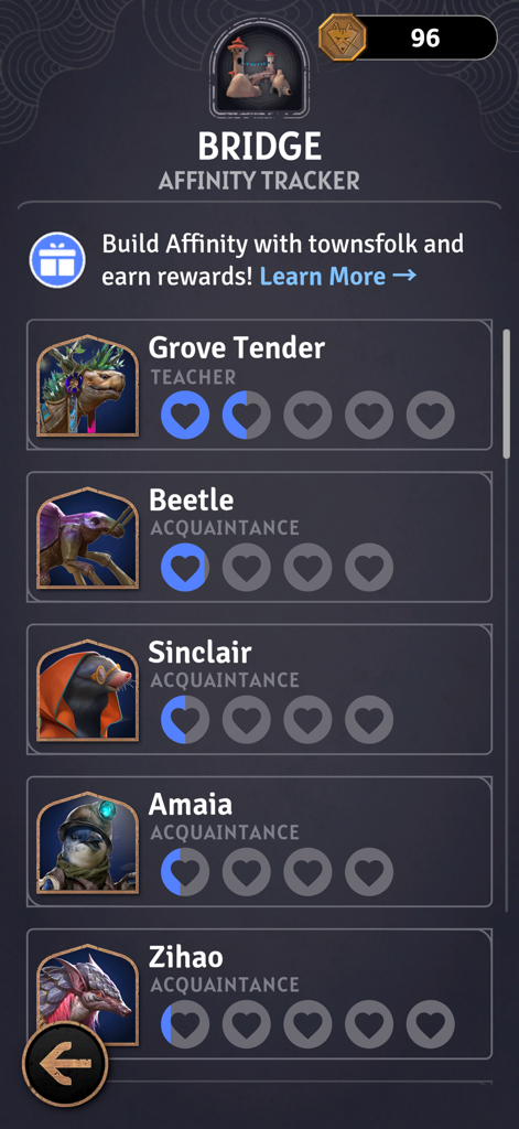 Sunderfolk Controller app interface showing character affinity levels for the Bridge location