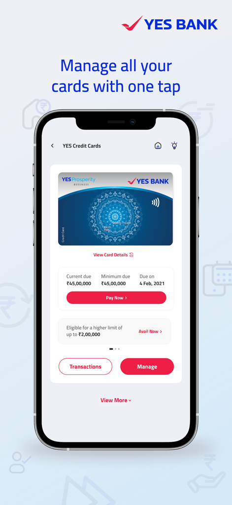 Écran de gestion de carte de crédit de l'application mobile IRIS par YES BANK montrant les détails de paiement et de transaction