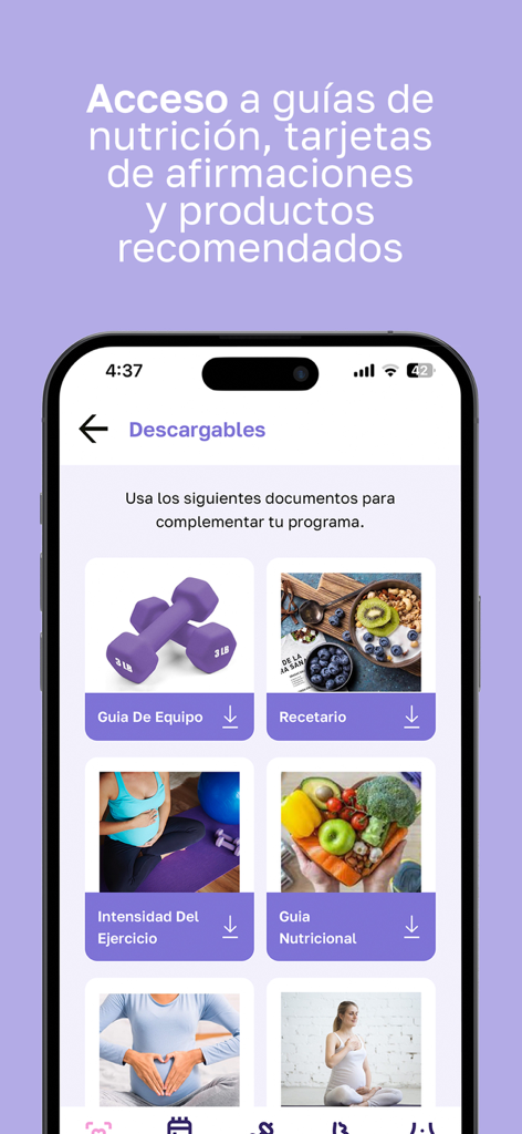 JimeFitMom: Pre y Posnatal - JimeFitMom app interface showcasing downloadable nutrition and fitness resources for expectant mothers.