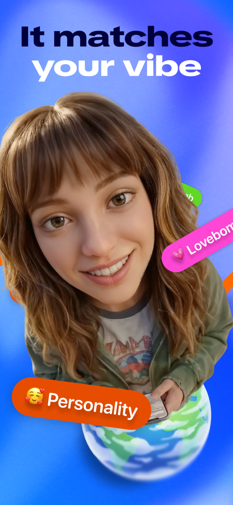A smiling young woman in front of a blue background with text saying It matches your vibe and a personality badge.