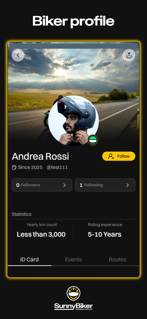 SunnyBiker - GPS + weather - SunnyBiker app biker profile screen showing riding experience and yearly distance