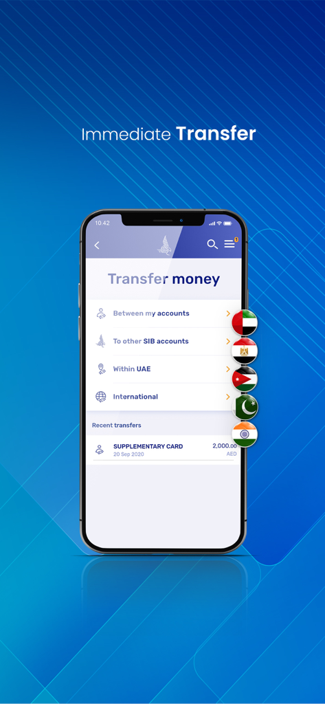 SIB Digital - SIB Digital 뱅킹 앱의 즉시 송금 화면, 국내 및 국제 옵션 표시.