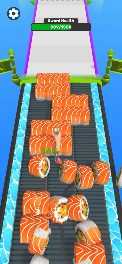 A sword slicing through giant salmon sushi rolls on a conveyor belt in the Sword Melter mobile game