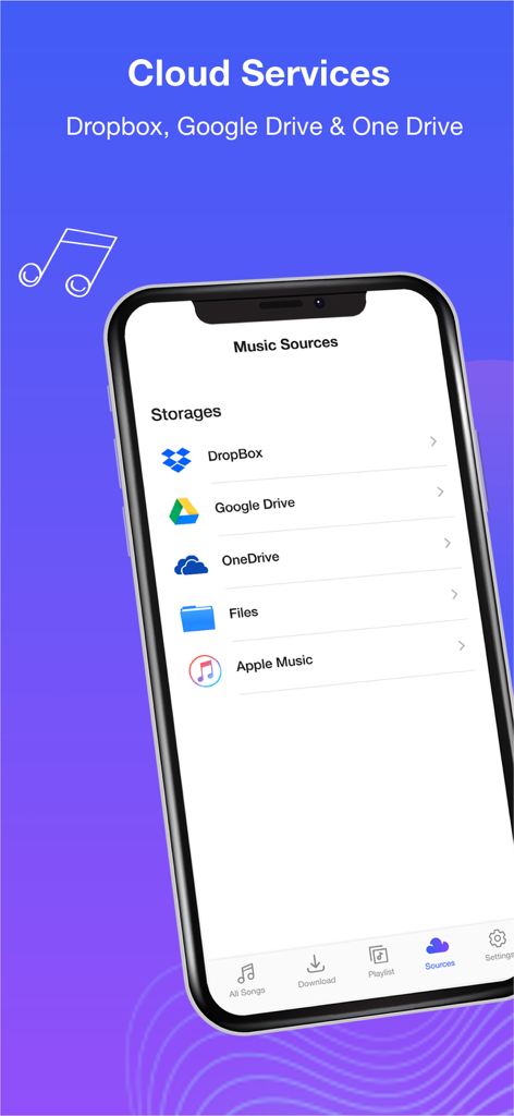 Cloud Music Player Mp3 Offline - Interfaz de Cloud Music Player mostrando la integración con Dropbox, Google Drive y OneDrive