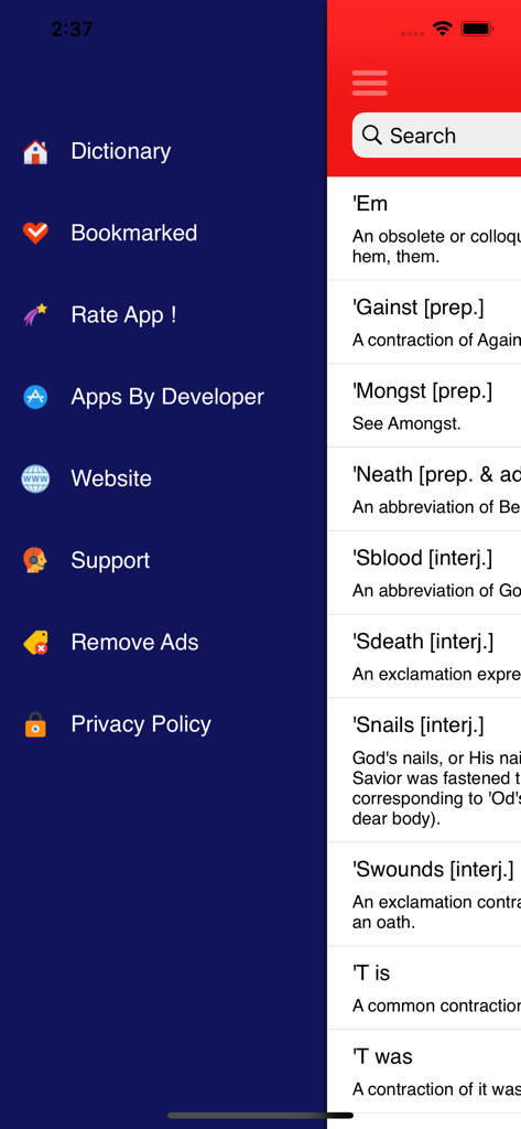 English Dictionary + Speaking - Sidebar navigation menu and word list search interface in the English Dictionary and Speaking mobile application
