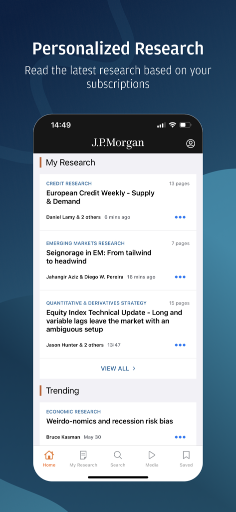 Personalized financial research feed in the J.P. Morgan Markets app