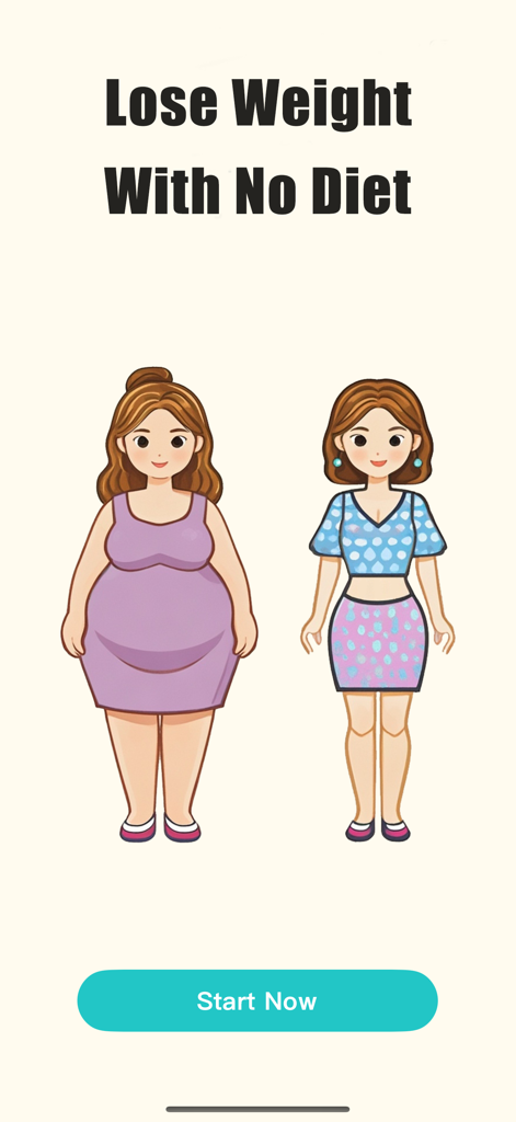 Cartoon illustration of a woman before and after weight loss with the text Lose Weight With No Diet