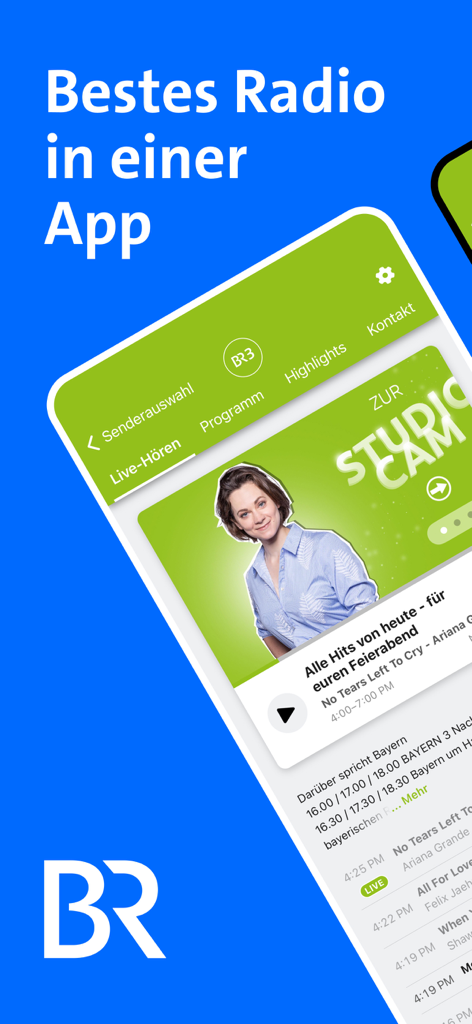 Interface de l'application mobile BR Radio affichant le flux en direct de la station de radio Bayern 3